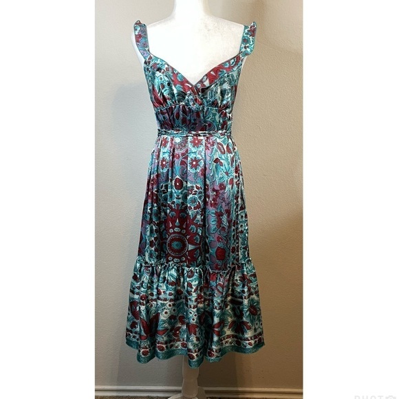 Nolita 100% Silk Boho Midi Length Sleeveless Tiered Dress Turquoise Blue Floral - Picture 2 of 13
